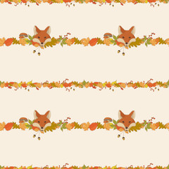 Wall Mural - Vector autumn pattern design, pastel colored leaves and fox.