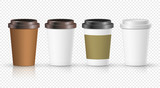 Fototapeta  - Coffee paper cup set with label. Brown plastic container for drink. Latte, mocha or cappuccino cup for cafe. Vector cover