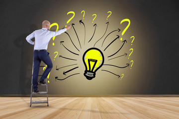 Poster -  Businessman in front of a wall with Innovation bulb lamp turned on surrounded by question mark-Inspiration concept