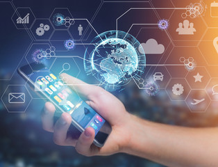 Poster - International business network connection displayed on a futuristic interface with technology icon and sphere globe - Worldwide business concept