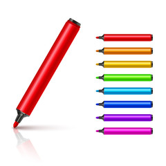 Marker pens, red, green, yellow, blue. Vector set colourful highlighters. Drawing pencil tool. Marker art highlighter.