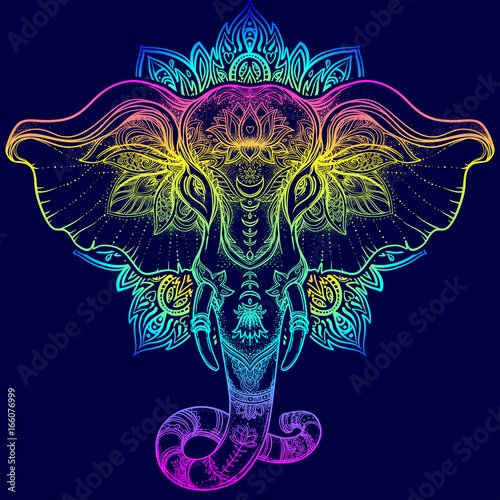 Beautiful hand-drawn tribal style elephant over mandala Poster Mural XXL