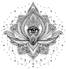 Vector ornamental Lotus flower, all-seeing eye, patterned Indian paisley. Hand drawn illustration. Invitation element. Tattoo, astrology, alchemy, boho and magic symbol.