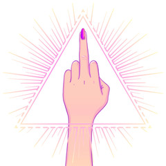 Wall Mural - Female hand showing middle finger over triangle with rays. Feminism concept. Realistic style vector illustration in pink colors.