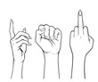 Human palm raised up. Set of hands in different gestures. Vector illustration isolated on white.