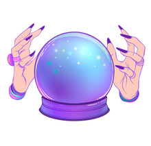 Crystal Ball With Purple Female Alien Hands Over Gradient Mesh Background. Creepy Cute Vector Illustration. Gothic Design, Mystic Magician Symbol, Pastel Colors.