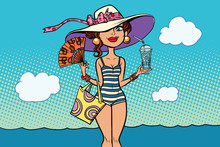 Retro Woman On Sea Beach Holidays