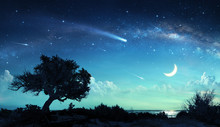 Shooting Stars In Fantasy Landscape At Night
