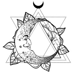 Wall Mural - Crescent moon, rose flower, sacred geometry. Blackwork tattoo flash.Vector illustration isolated. Tattoo design, mystic symbol. New school dotwork. Boho design. Print, posters