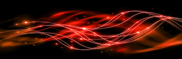 Poster - Abstract background with connected lines and dots for your design. Smooth lines, beautifully intertwined, shining dots and flashes on a dark background