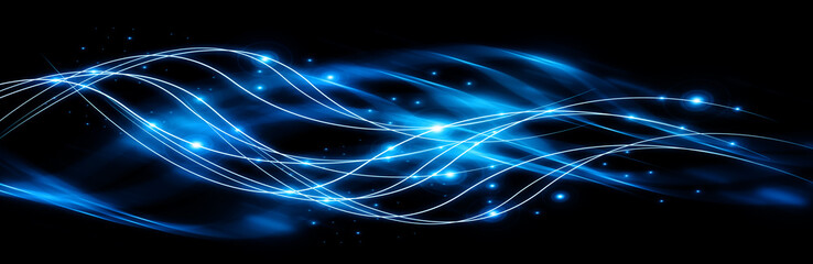 Poster - Abstract background with connected lines and dots for your design. Smooth lines, beautifully intertwined, shining dots and flashes on a dark background