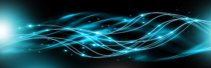 Poster - Abstract background with connected lines and dots for your design. Smooth lines, beautifully intertwined, shining dots and flashes on a dark background