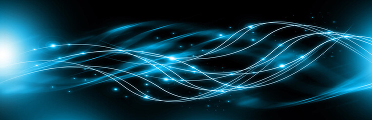 Poster - Abstract background with connected lines and dots for your design. Smooth lines, beautifully intertwined, shining dots and flashes on a dark background