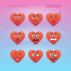 Heart emojis. Second emoticons set with various cartoon face emotions on heart shapes.