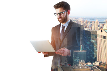 Wall Mural - Businessman using laptop multiexposure