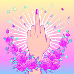 Wall Mural - Female hand showing middle finger. Feminism concept, vector illustration in pink pastel goth colors over star and roses flowers.