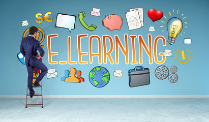 Wall Mural - Businessman watching e-learning sketch on a wall 3D rendering