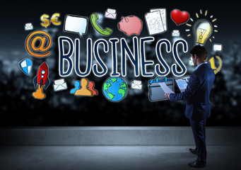 Poster - Businessman watching business sketch on a rooftop 3D rendering