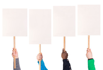 Protest signs in hands, isolated on white background