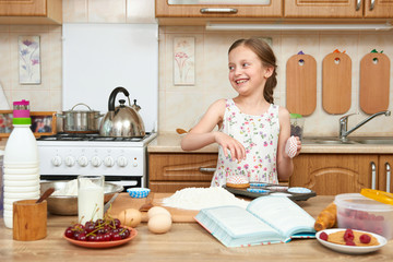 Girl baking cookies. Home kitchen interior. Healthy food concept