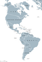 The Americas Political Map With Countries And Borders Of The Two Continents North And South America. English Labeling. Gray Illustration On White Background. Vector.