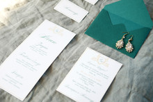 Wedding Invitation Cards, Envelope And Menu With Bridal Earrings