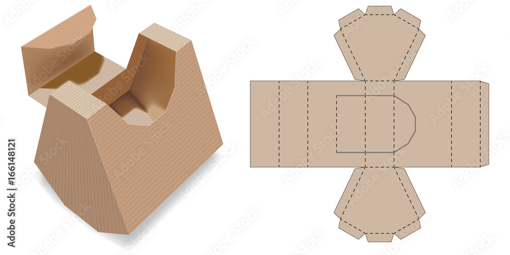 Gift Box Packaging Template. Retail Box with Blueprint Template. Cardboard Shaped Opening Carry Box Bag Packaging, Isolated On White Background. Die-stamping.