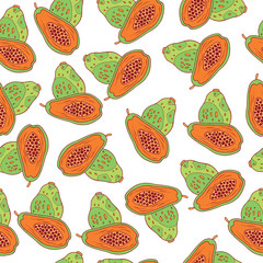 Wall Mural - Papaya seamless pattern. Raster graphic art background with tropical exotic fruits