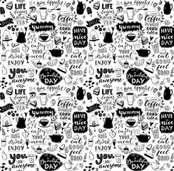 Wall Mural - Cafe seamless pattern. Hand drawn tea and coffee pots, desserts and inspirational captions. Menu cover design, wallpaper stencil. Black and white typography background.