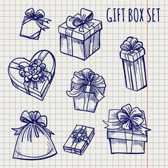Wall Mural - ballpoint pen sketch of gift box on notebook page, vector illustration
