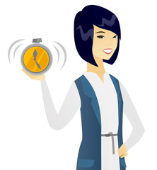 Poster - Young asian business woman holding alarm clock.