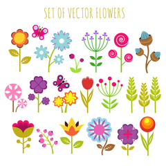 Wall Mural - Bright child garden flowers and butterfly vector set