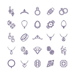 Sticker - Expensive gold jewelry with diamond vector line icons and wedding accessories symbols