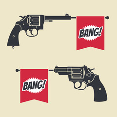 shooting toy gun pistol with bang flag vector icon