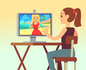 Poster - video chat between friends in headset on computer with camera. online chatting and comunication vect