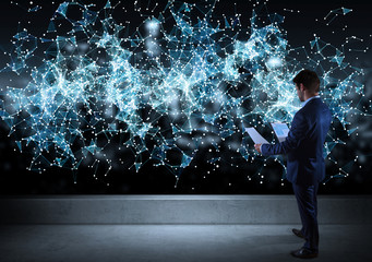 Poster - Businessman watching connection network on a rooftop 3D rendering