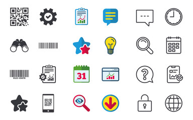 Poster - Bar and Qr code icons. Scan barcode in smartphone symbols. Chat, Report and Calendar signs. Stars, Statistics and Download icons. Question, Clock and Globe. Vector