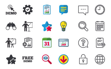 Poster - Demo with cursor icon. Presentation billboard sign. Man standing with pointer symbol. Chat, Report and Calendar signs. Stars, Statistics and Download icons. Question, Clock and Globe. Vector
