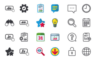 Poster - Top-level internet domain icons. De, It, Es and Fr symbols with hand pointer. Unique national DNS names. Chat, Report and Calendar signs. Stars, Statistics and Download icons. Vector