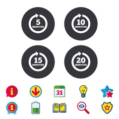 Poster - Every 5, 10, 15 and 20 minutes icons. Full rotation arrow symbols. Iterative process signs. Calendar, Information and Download signs. Stars, Award and Book icons. Light bulb, Shield and Search. Vector