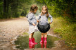 Two little girls walk by the puddle in a summer forest