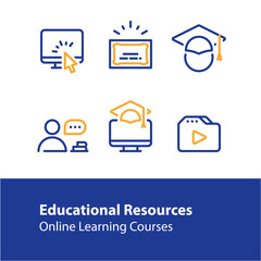 Online education concept line icons, internet learning courses, distant studying