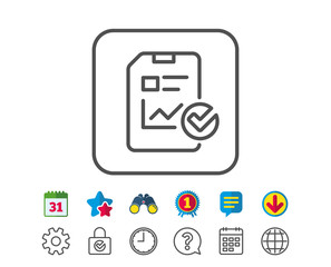 Aufkleber - Report document line icon. Analysis Chart or Sales growth report sign. Statistics data or Checklist symbol. Calendar, Globe and Chat line signs. Binoculars, Award and Download icons. Editable stroke