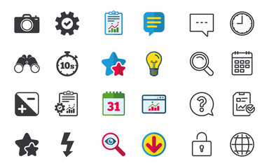 Poster - Photo camera icon. Flash light and exposure symbols. Stopwatch timer 10 seconds sign. Chat, Report and Calendar signs. Stars, Statistics and Download icons. Question, Clock and Globe. Vector