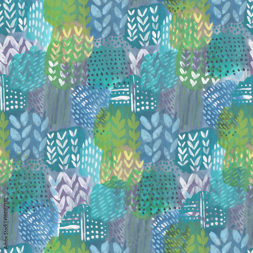 Abstract print with  random elements and watercolor leaves. Exotic pattern in...