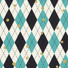 Aufkleber - Seamless blue argyle pattern with chaotic golden dots. Traditional diamond check print. Vintage seamless background.