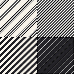 Poster - Four diagonal patterns collection. Diagonal lines seamless black and white pattern. Repeat straight monochrome stripes texture background. Geometric vector background.