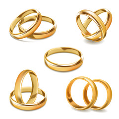 Gold wedding rings pair vector 3D realistic icons set