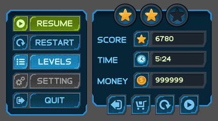Interface buttons set for space games or apps. Vector illustration. Easy to edit. Isolated on gray