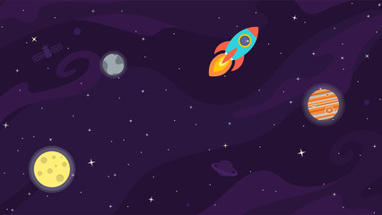 Wall Mural - space flat vector background with rocket, spaceship, moon, jupiter, satellite, planets and stars. sp